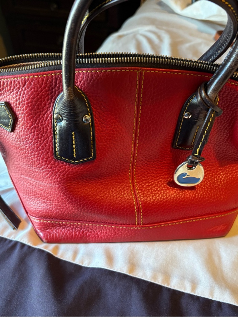 Dooney & Bourke Red Leather Tote with Dark Brown Trim